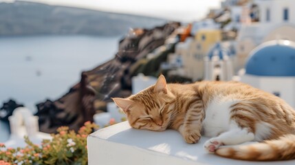 Lazy Orange Cat Enjoying Beautiful Santorini Rooftops