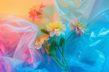 Flowers trapped in plastic bag against colorful background Generative AI