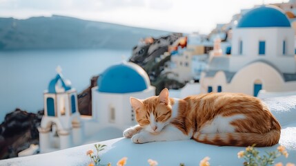Lazy Orange Cat Enjoying Beautiful Santorini Rooftops