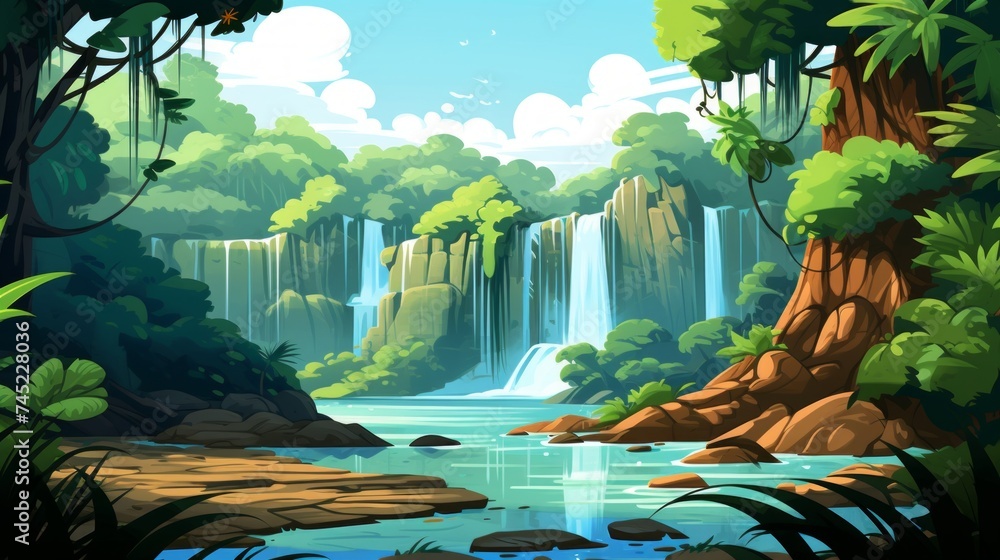 Aufkleber generative ai a tropical rainforest with diverse vegetation and a waterfall. vector cartoon graphic