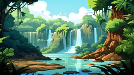 Generative AI A tropical rainforest with diverse vegetation and a waterfall. vector cartoon graphic - obrazy, fototapety, plakaty