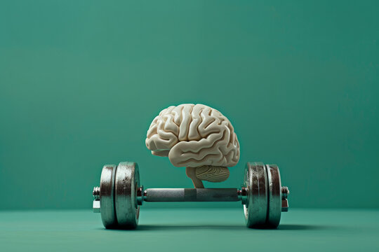 journey of mental fitness with this striking image portraying a human brain lifting a dumbbell against a vibrant green backdrop. concept of mind training , captures the essence of mental strength
