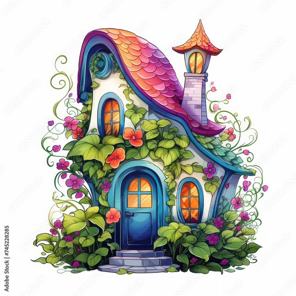 Aufkleber generative ai a whimsical tiny house adorned with colorful flowers and ivy crawling up the walls.