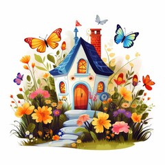 Generative AI A whimsical cottage surrounded by tall grass, wildflowers, and fluttering butterflies.