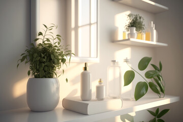 Serene home decor with green plants and elegant bottles on a shelf bathed in soft sunlight