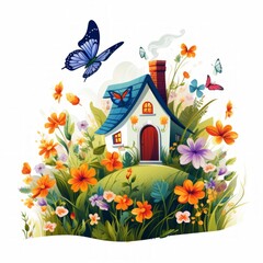 Generative AI A whimsical cottage surrounded by tall grass, wildflowers, and fluttering butterflies.