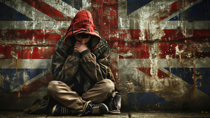 Poverty in the United Kingdom showing a homeless underprivileged teenage youth in England with a distressed Union Jack flag in the background, stock illustration image - obrazy, fototapety, plakaty