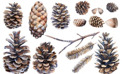 Fototapeta premium Watercolor Pine Cone Branches