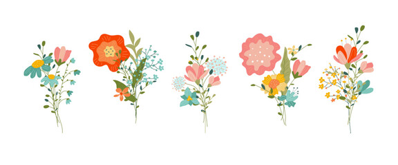 Set of hand-drawn bouquet of spring flowers isolated on white background.Floral composition.Flostic.Vector stock illustration.