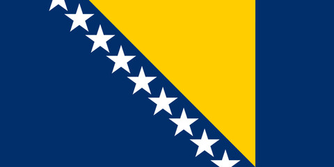 Close-up of blue, yellow and white national flag of European Country of Bosnia and Herzegovina with white stars. Illustration made February 25th, 2024, Zurich, Switzerland.