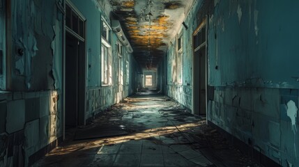 Fototapeta na wymiar Generative AI Abandoned buildings in Pripyat, Chernobyl, decaying structures, overgrown with vegetation, eerie atmospheric tones, detailed linework