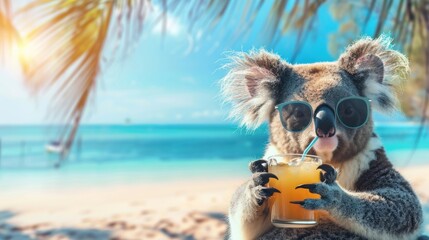 Koala bear drinking a drink on the beach, wearing sunglasses, ocean view
