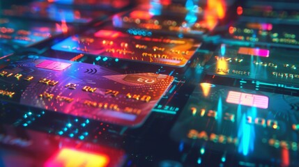 Multicolored Credit Cards in a Futuristic Digital Environment Representing Fintech and Contactless Payment Concepts