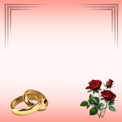 Fototapeta na wymiar Wedding card, wedding rings, bouquet of roses. Orange gold color
