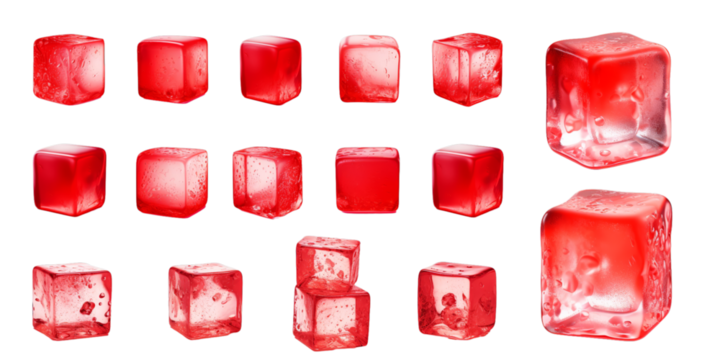 Collection of red ice cube isolated on a white background as transparent PNG - Powered by Adobe