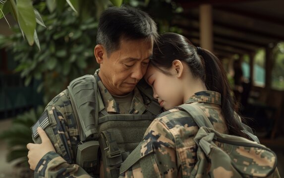 Tender Reunion: A Father Embraces His Daughter in Military Uniform Returning Home