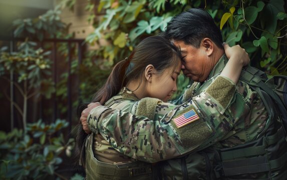 Tender Reunion: A Father Embraces His Daughter in Military Uniform Returning Home