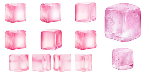 Collection of pink ice cube isolated on a white background as transparent PNG