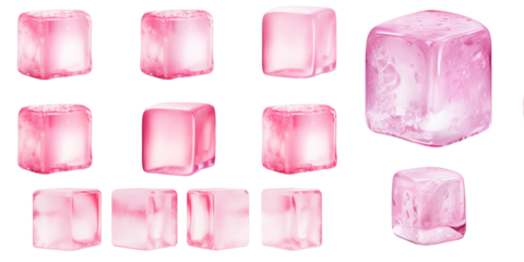 Collection of pink ice cube isolated on a white background as transparent PNG