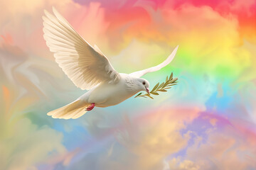 white peace dove flying holding olive branch with rainbow and clouds in the sky background