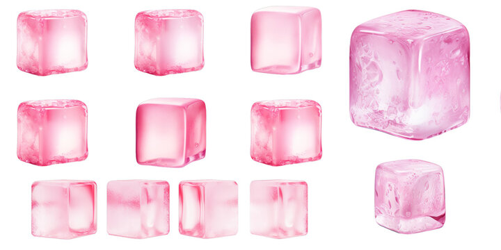 Collection of pink ice cube isolated on a white background as transparent PNG