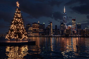 Illuminated Christmas Tree at Jersey City Waterfront with Manhattan Skyline and Freedom Tower at Night