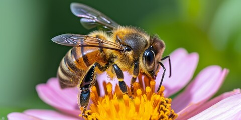 Honey bee collects flower nectar.