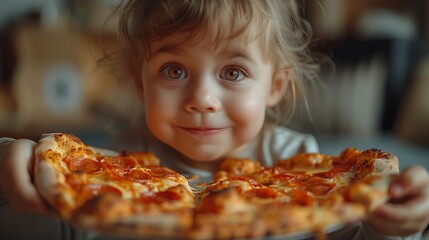 A toddler sharing a smile while holding two slices of pizza, a fast food dish