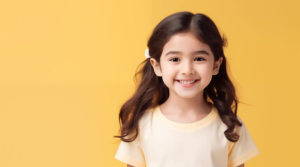 Close up of girl with white skin, brown short hair, wavy hair and a clear  or yellow t shirt, isolated in a light yellow studio. Portrait person.