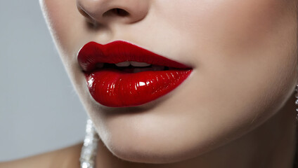 Eleganckie czerwone usta z połyskiem – ikona kobiecego piękna - obrazy, fototapety, plakaty