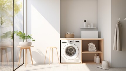 Generative AI An airy, bright room with a minimalistic design, showcasing a compact washing machine tucked neatly into a recessed nook - obrazy, fototapety, plakaty