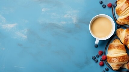 Obraz na płótnie Canvas Elegant breakfast spread on blue background