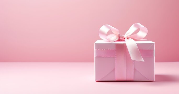 A pink gift box with a pink ribbon on a pink background with an empty space on the left