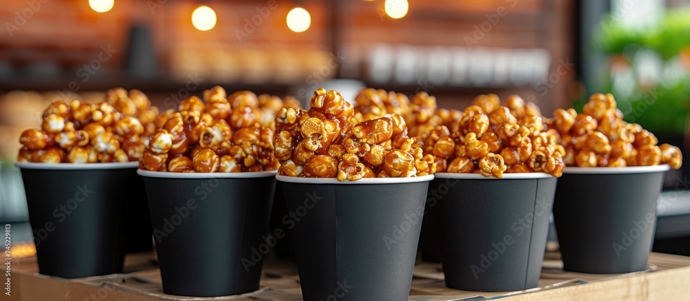 Poster A table is topped with black cups filled with caramel popcorn, creating a visually appealing display. The cups are neatly arranged and appear ready to be enjoyed.