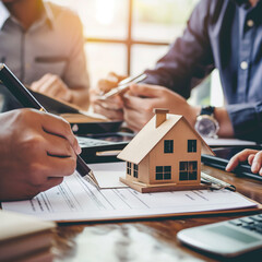 Real estate agents and business people discuss signing a home purchase agreement and home insurance