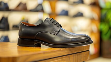 Photo of a men's black leather dress shoe on display in a department store