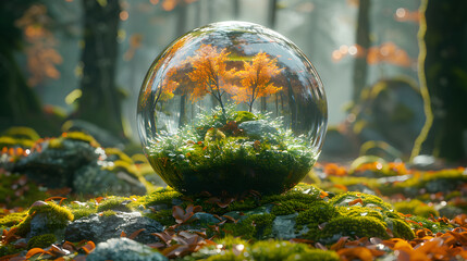 Crystal ball with a forest inside. Nature concept. Climate change concept.