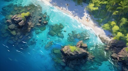 Generative AI An overhead shot of an idyllic island oasis featuring coconut palms, secluded beaches, and vibrant coral reefs visible through the transparent blue waters