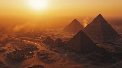 Generative AI Egyptian pyramids view from drone setting sun