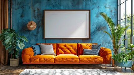 Modern living room interior with orange sofa and mock up poster, generative AI.