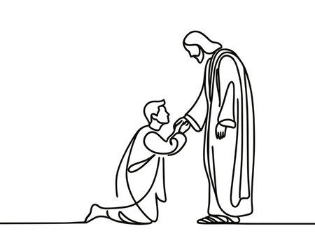 Vector image of a man kneeling before Jesus, in a linear style, on a white background.