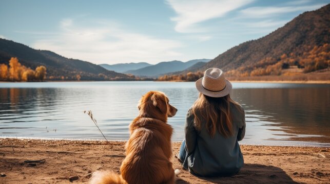 Female tourist with dog sitting on the floor looking at the lake 