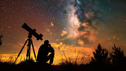 Sterne beobachten in der Nacht mit Teleskop, Silhouette