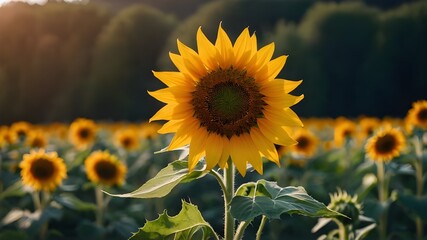 a large yellow sunflower in a field of sunflowers, ai generated image
