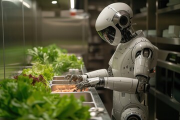 A futuristic robot gracefully tends to a flourishing herb garden while preparing a delectable plant-based meal in a modern kitchen