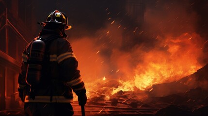 Fototapeta premium Firefighter standing among heavy smoke during work