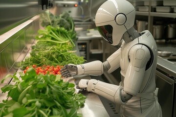 A futuristic robot donning a helmet tends to an indoor vegetable plant in a sleek kitchen, embodying the perfect blend of technology and nature