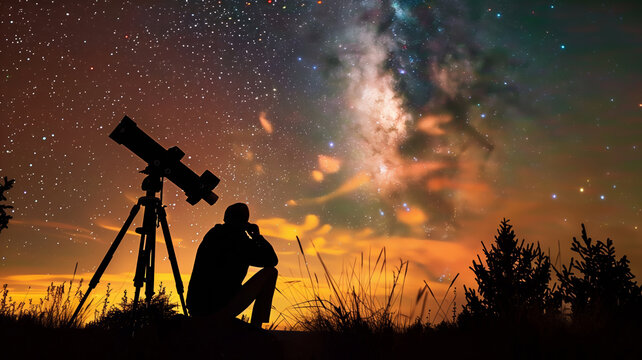 Sterne beobachten in der Nacht mit Teleskop, Silhouette
