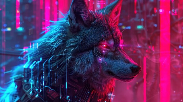 Cyberpunk cyborg wolf animal character concept with red eyes AI generated image