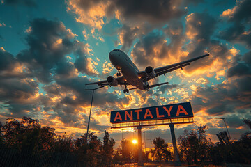 Obraz premium Plane landing in Antalya, Turkey, with 